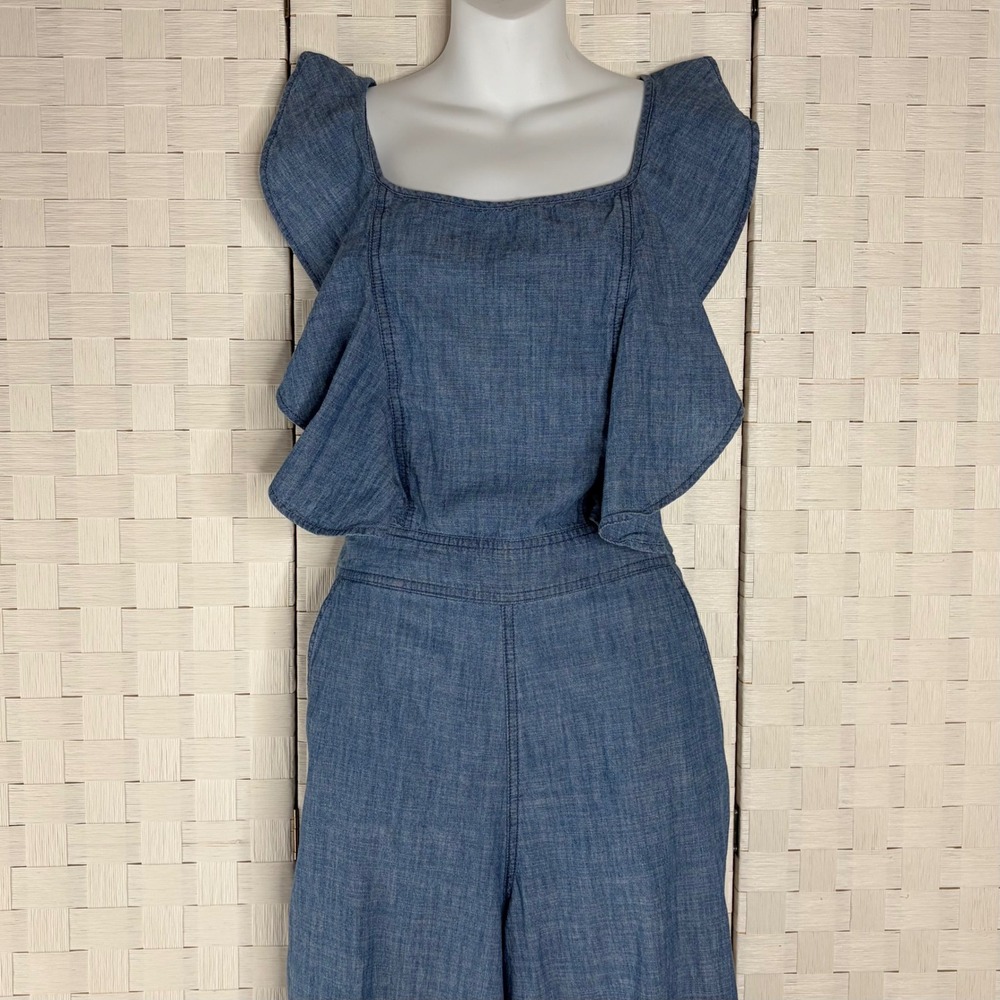 Top Shop Jumpsuit Women Size 6 Blue Chambray Ruffle Open Back Wide Leg Cutout - Picture 2 of 10